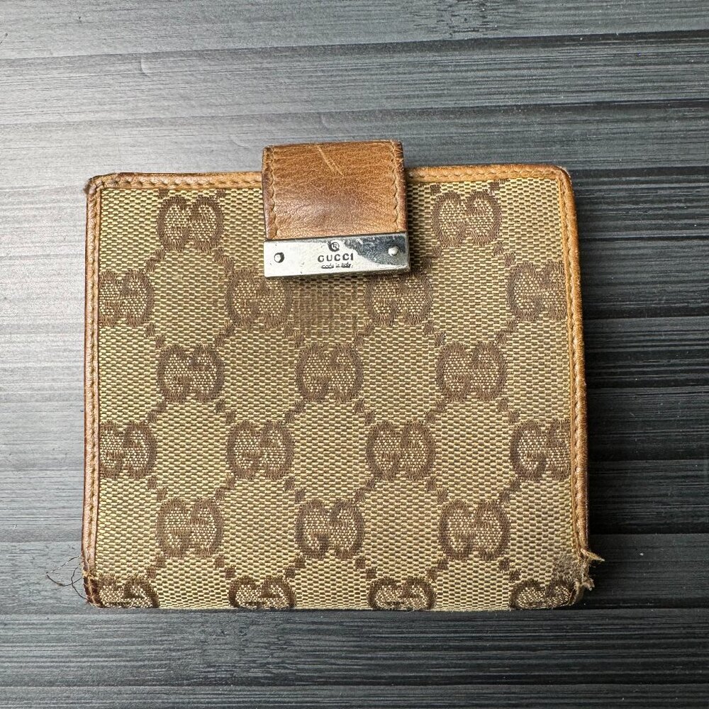 GUCCI GG Logo Canvas Leather Bifold Wallet Brown Used|Authentic
